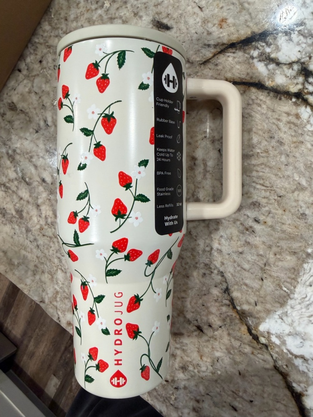HydroJug Cream Travel Mug with Red Strawberry Print and Green Leaves